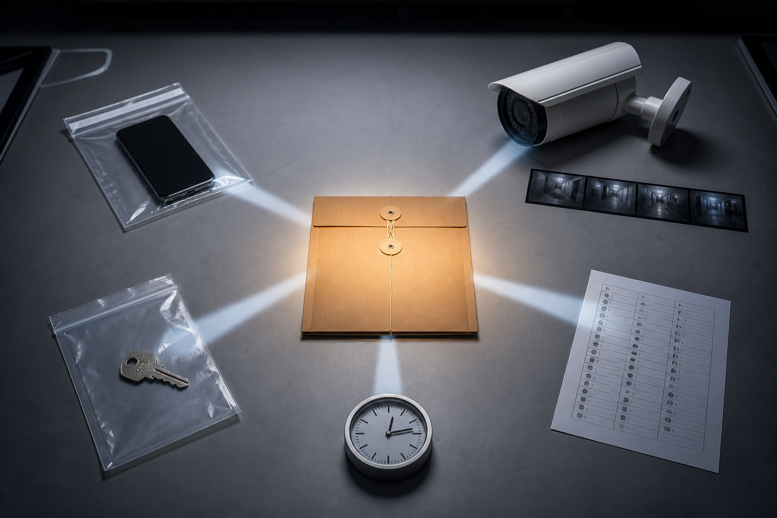 Separate phone, camera, key, document, and time-reference evidence items converge visually around a sealed case file.
