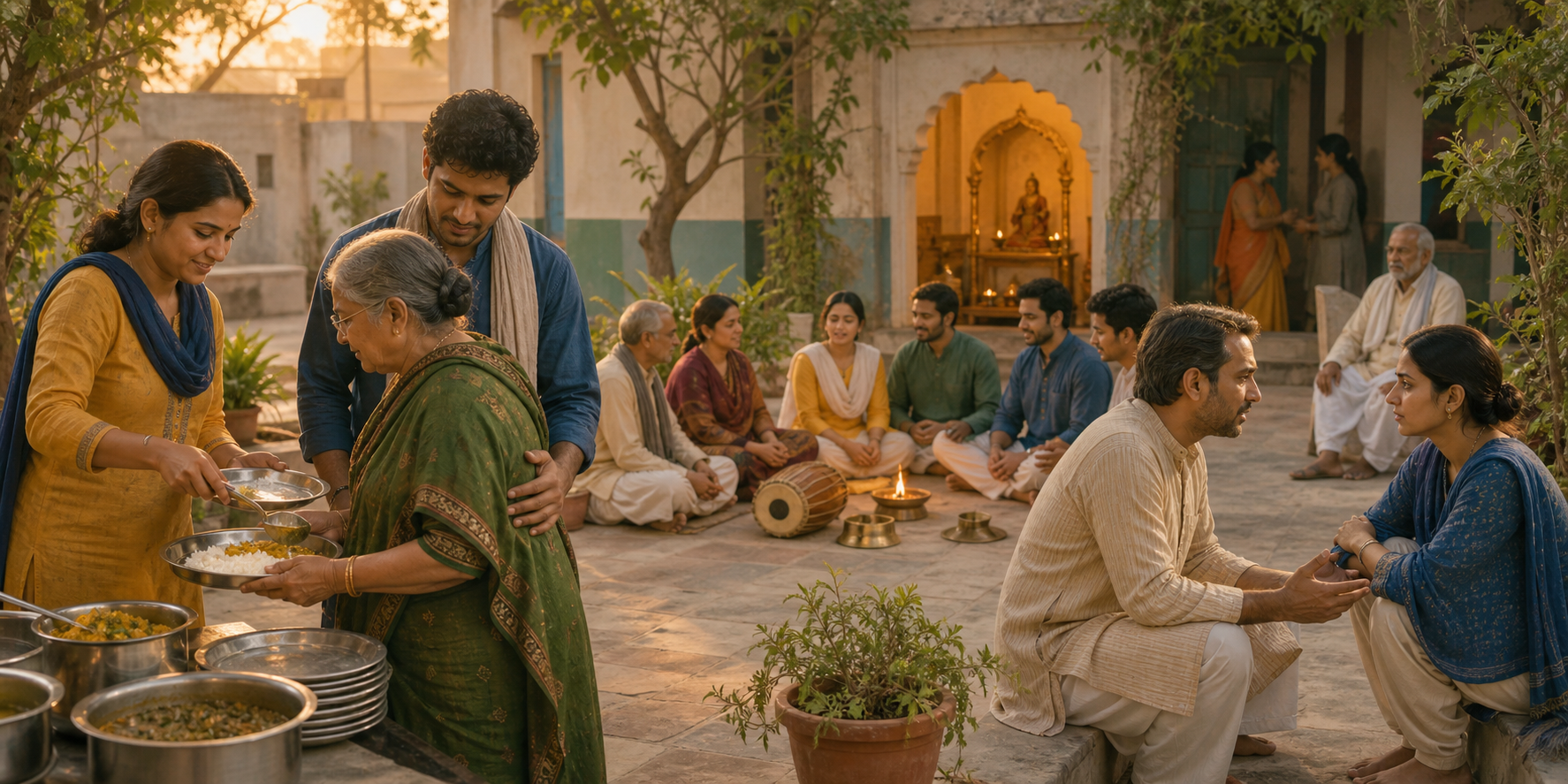 Devotees serve food, assist an older visitor, listen during a tense exchange, and gather around a lamp in a community courtyard after worship.