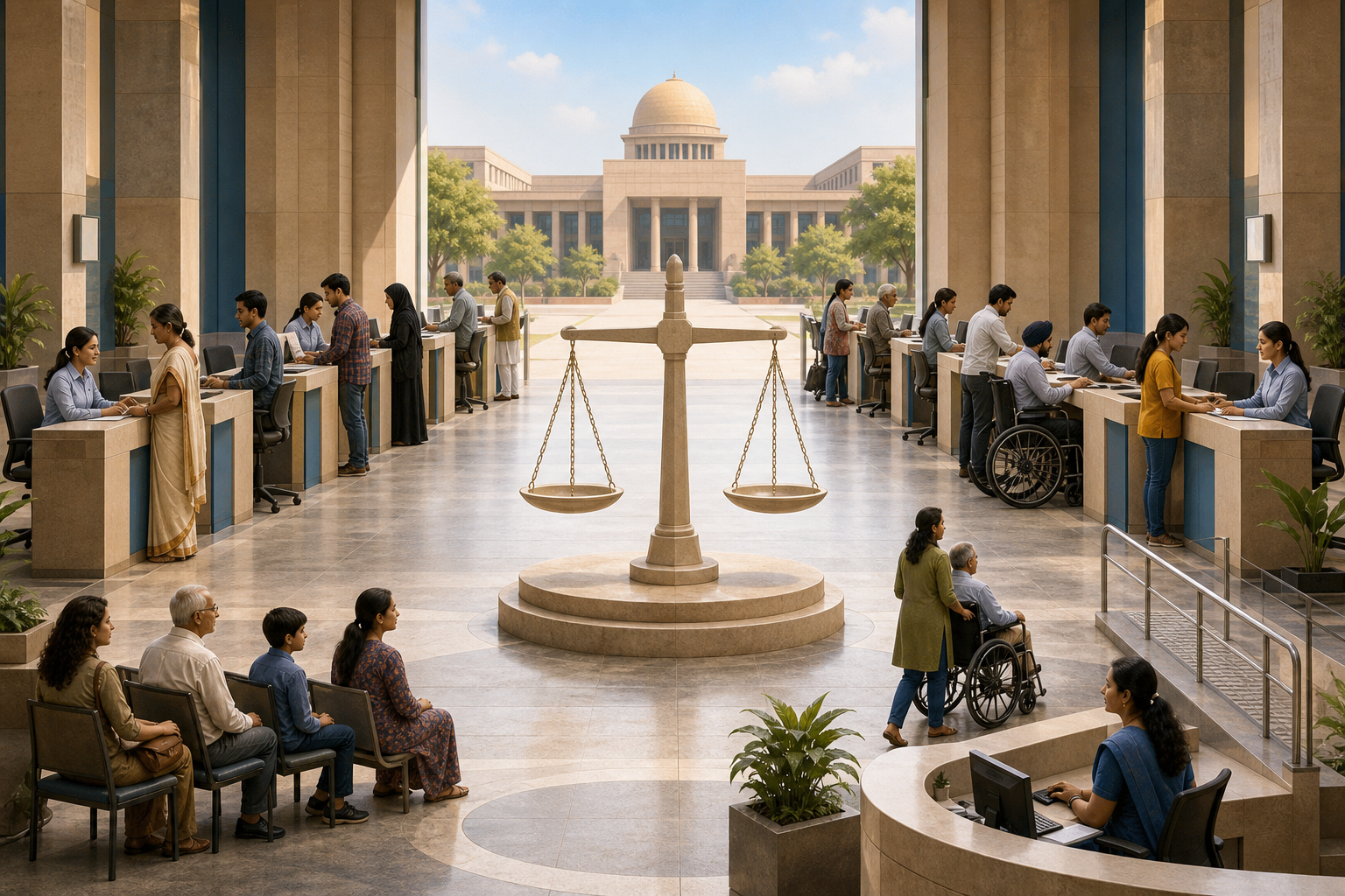 Diverse citizens receive assistance at equal service desks beside a level stone balance scale in a bright civic hall and courthouse courtyard.