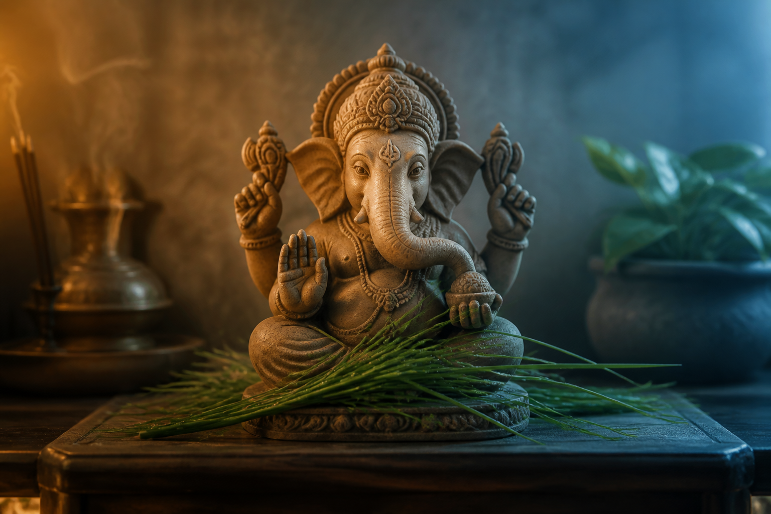Fresh dew-covered durva grass rests before a Ganesha murti as warm altar light transitions into cool blue-green morning light.