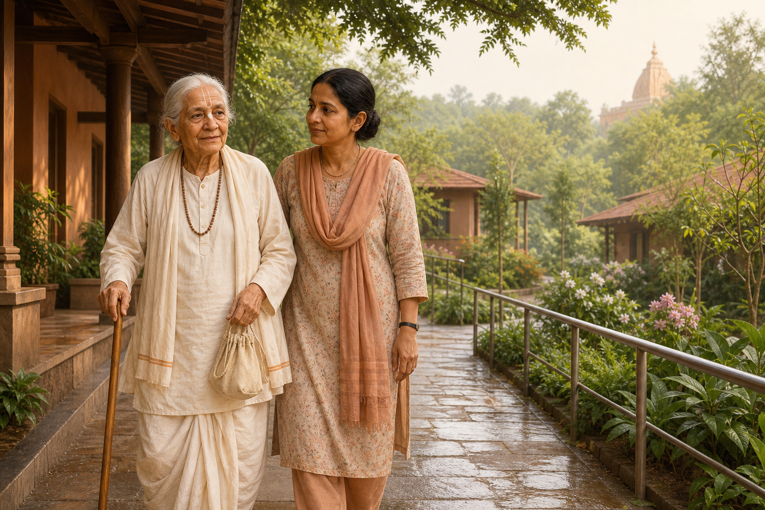 An older Indian devotee and an adult daughter walk together along an accessible path in a green spiritual residential community.