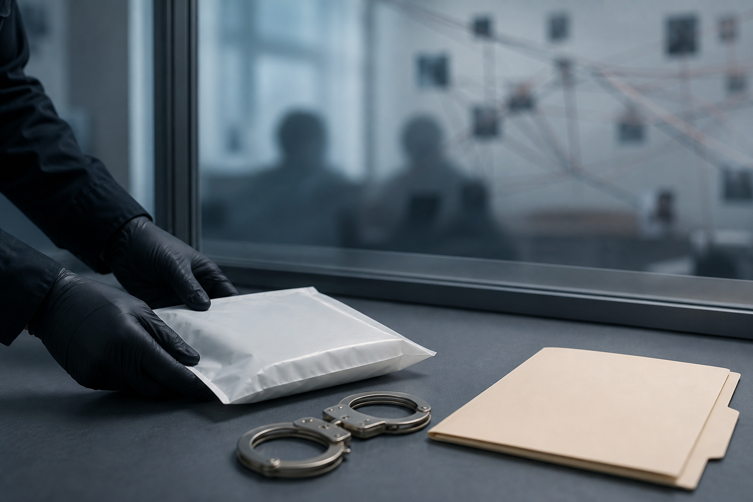 A sealed evidence packet and closed handcuffs appear in sharp focus while uncertain branching connections remain blurred behind glass.