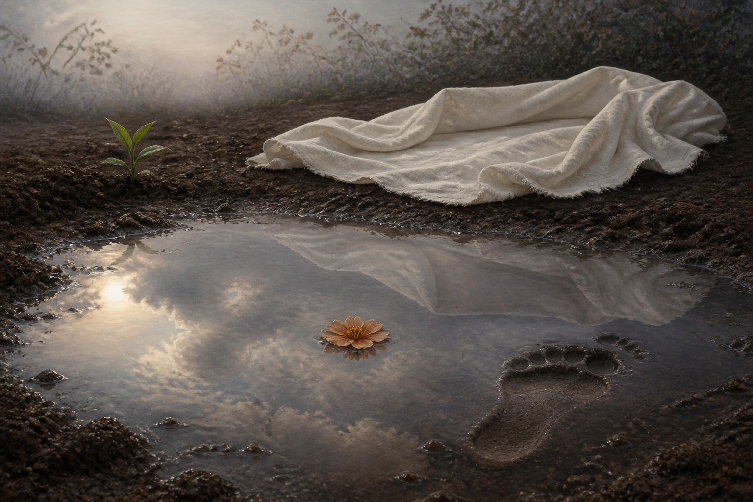 An empty white shroud lies beside a rainwater pool reflecting clouds, a fallen flower, and a weathered footprint, while a green shoot rises from the soil.