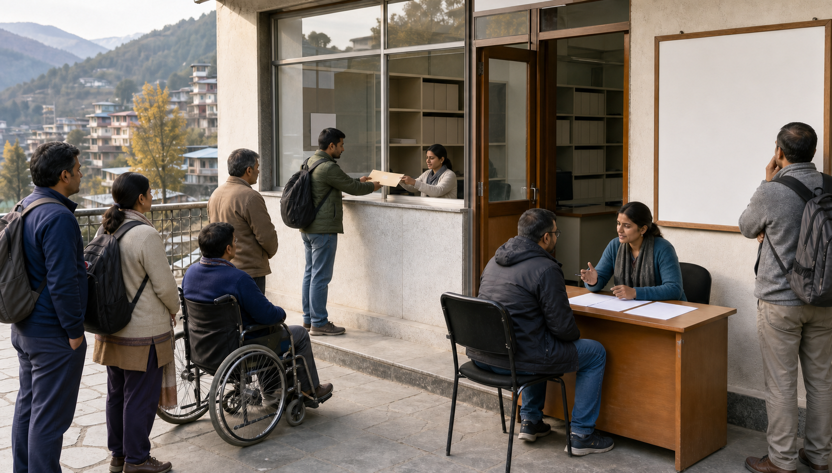 Students, parents, and pilgrims use an information desk and submit sealed requests at an open public office in a mountain town.