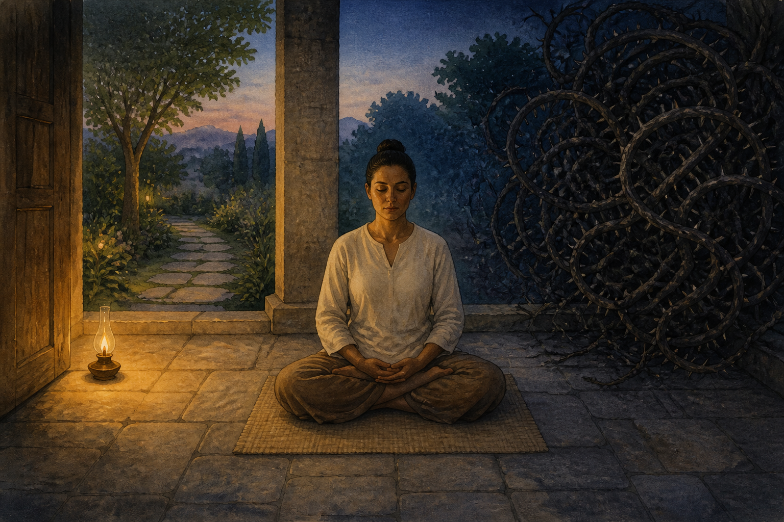 A seated practitioner rests between a lamp-lit garden path on one side and a looping tangle of shadowed thorny vines on the other.