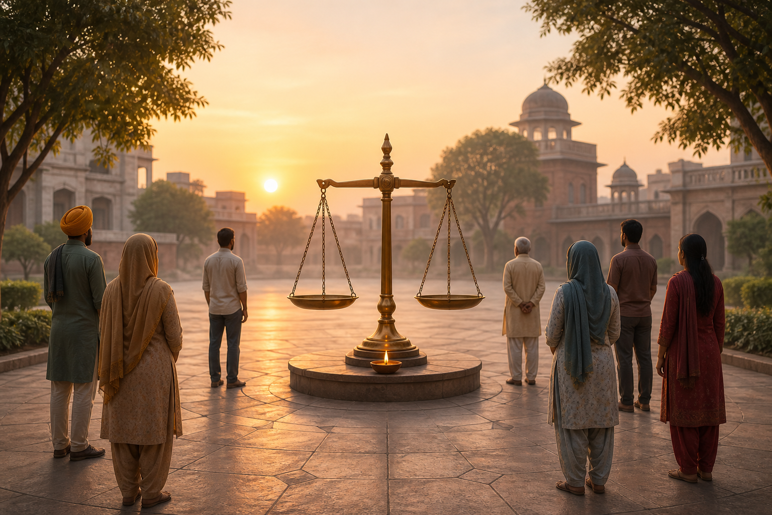 A balanced brass scale and glowing clay lamp stand in a Punjab courtyard as a diverse group of residents gathers quietly at dawn.