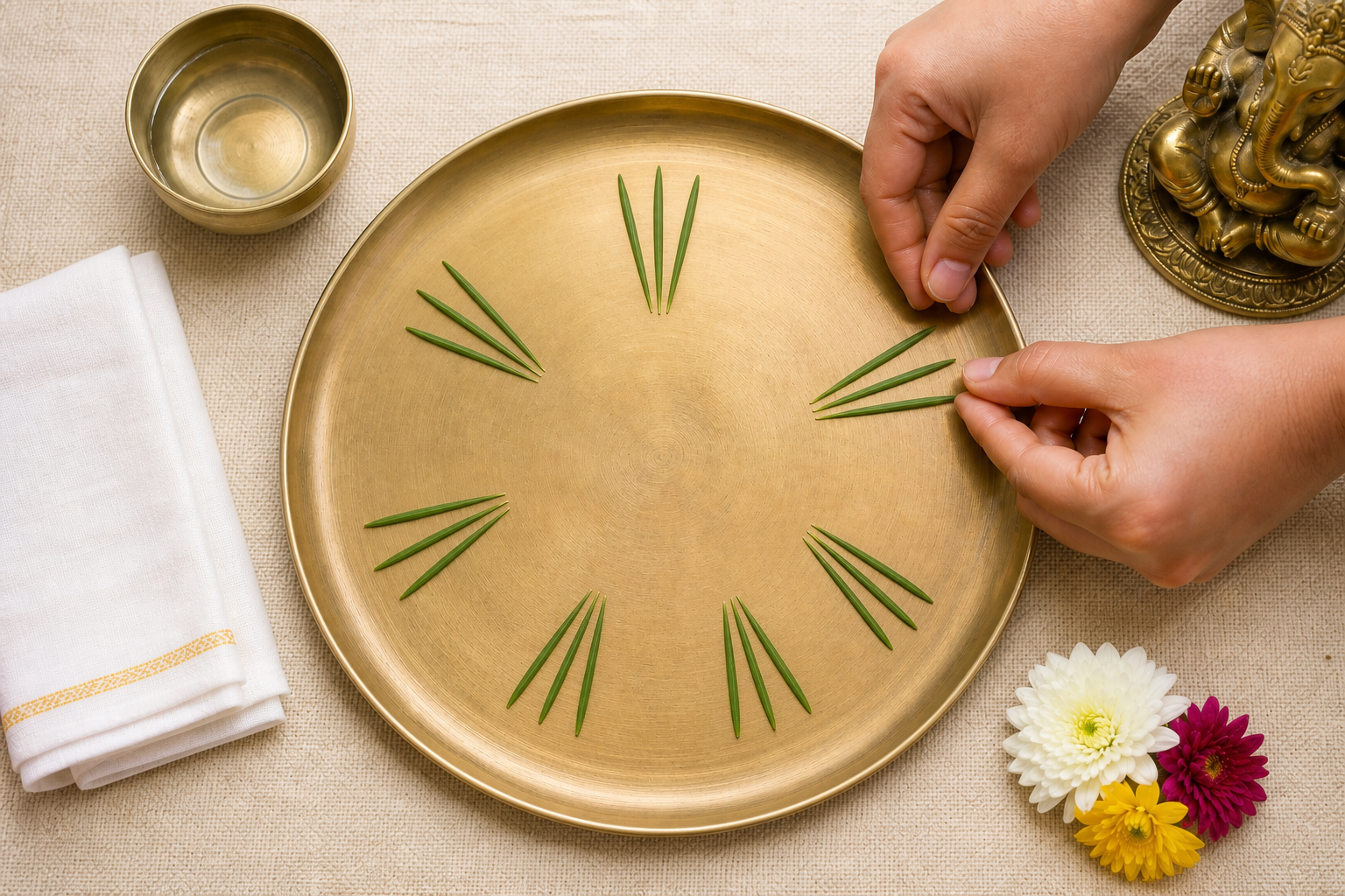 Twenty-one fresh durva blades are arranged in seven groups of three on a brass puja plate while two hands prepare the offering.