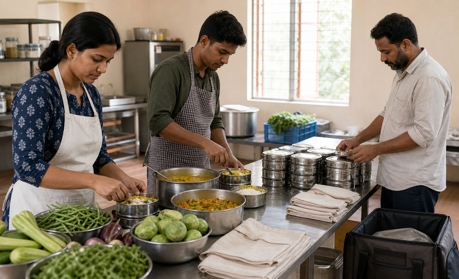 Three volunteers prepare, pack, and organize reusable containers of vegetarian meals in a community kitchen.