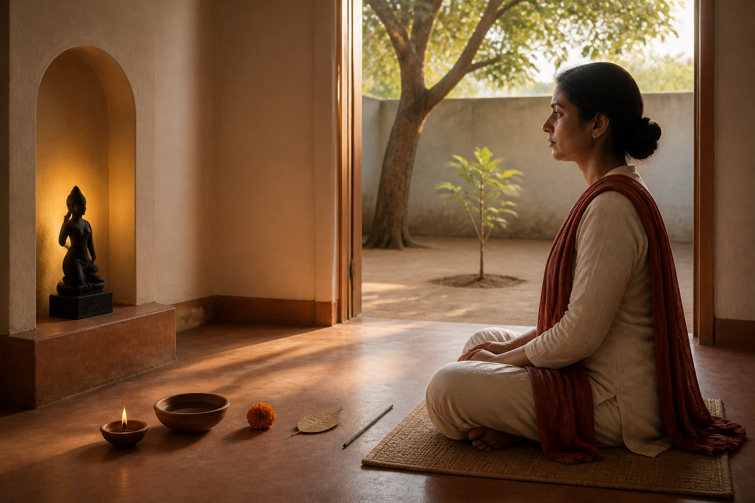 A person meditates on a woven mat before a simple shrine alcove with an oil lamp, water bowl, marigold, and fading leaf as morning light enters the room.