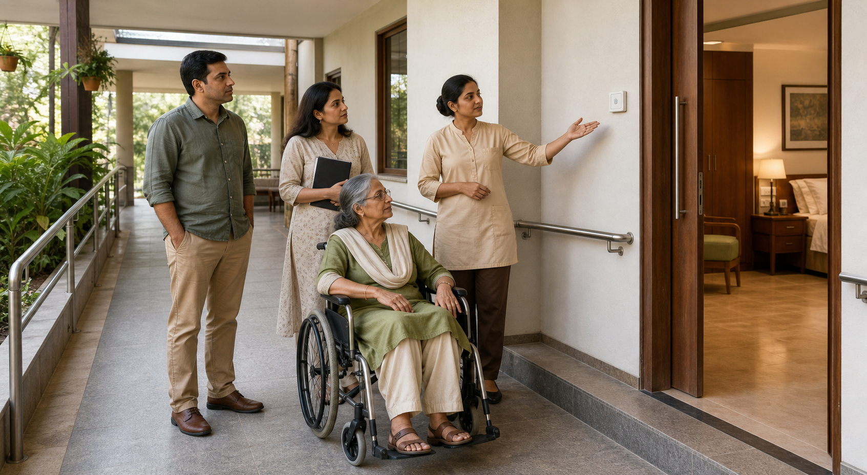 An older adult and two family members inspect the accessible features of a residential room with a staff member.