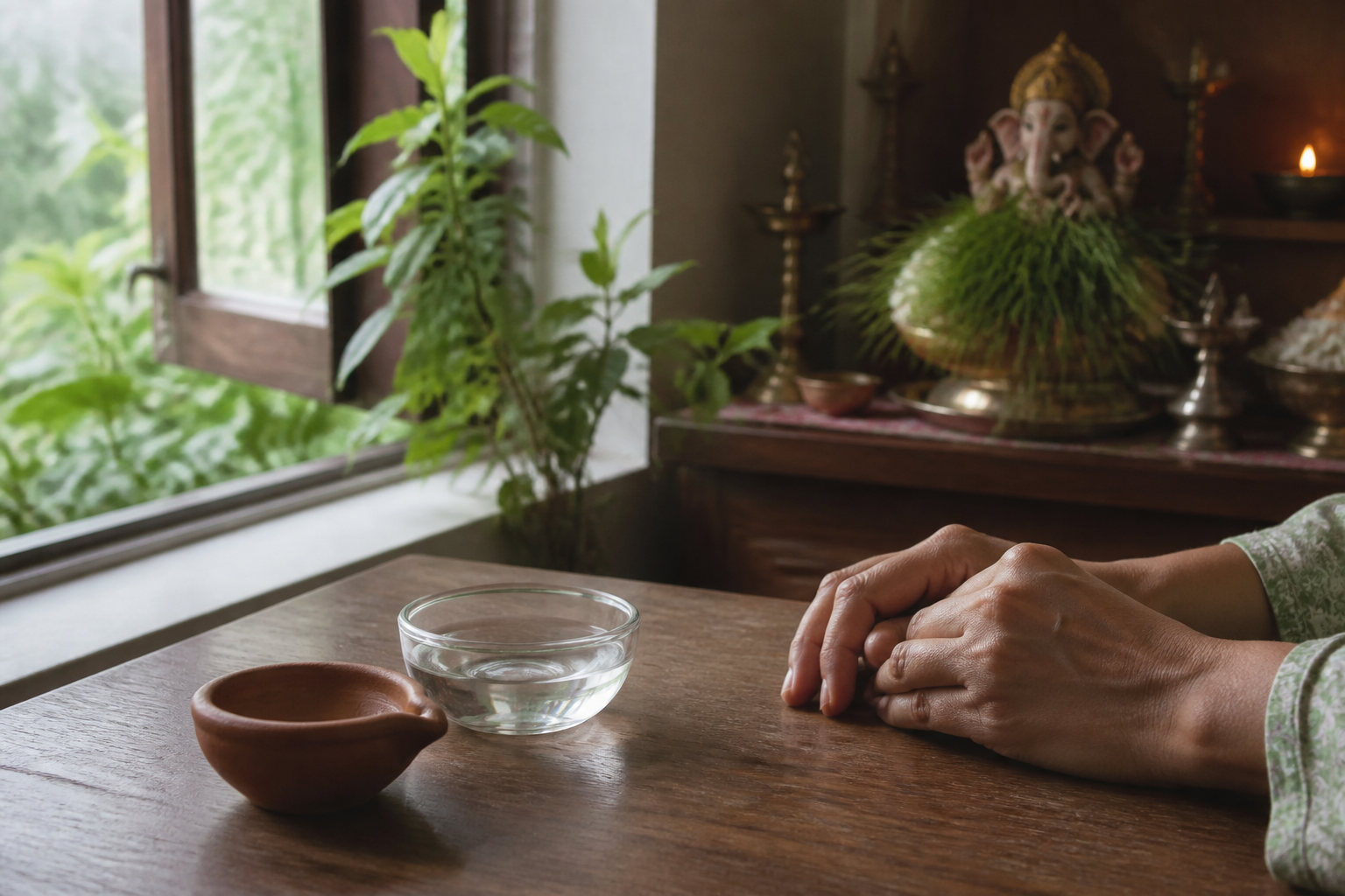 Calm hands rest near a bowl of water and green plants, with a Ganesha altar and durva offering softly visible in the background.