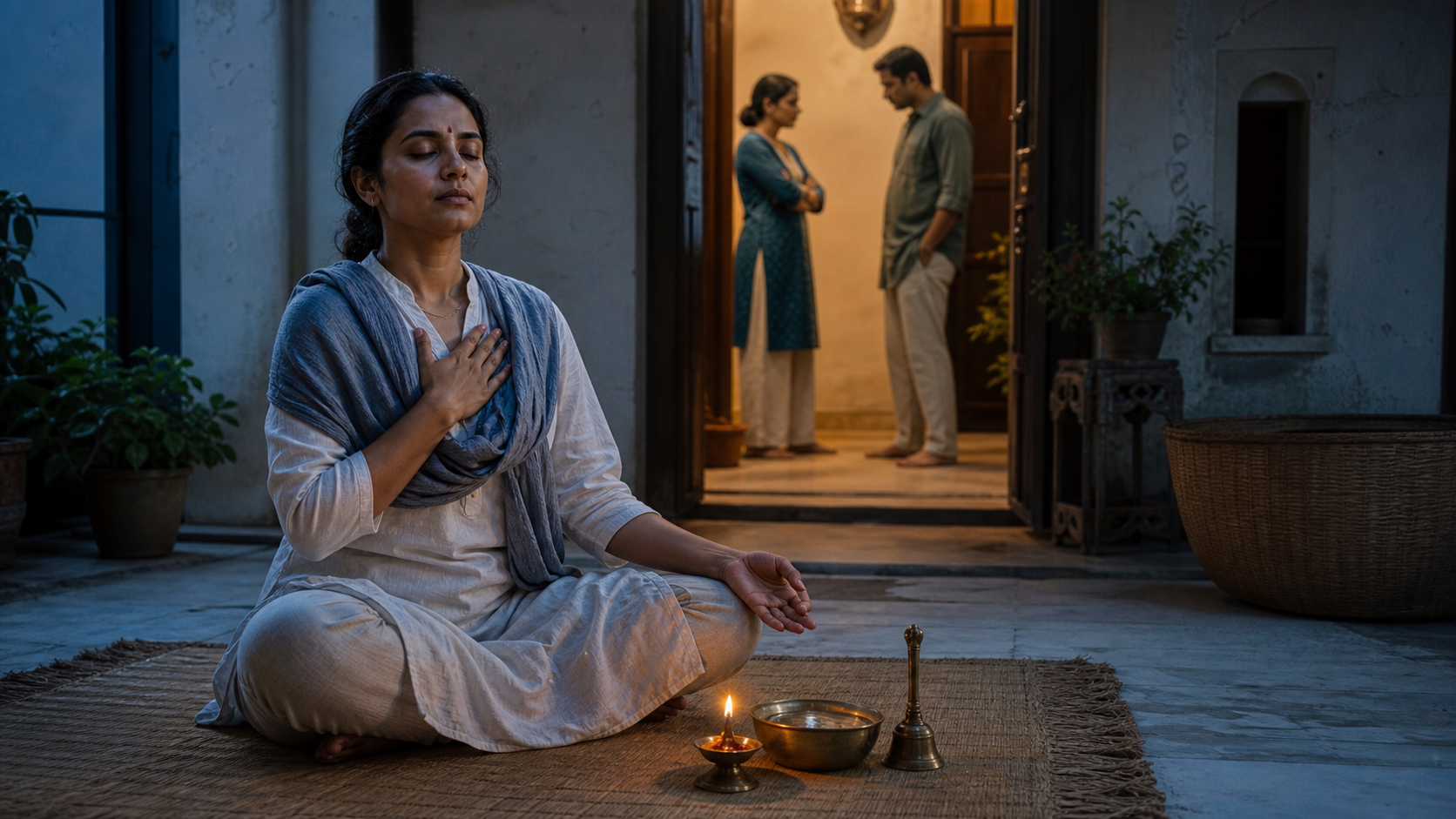 A person practices calm breathing in a courtyard while two softly focused family members prepare for a difficult conversation nearby.
