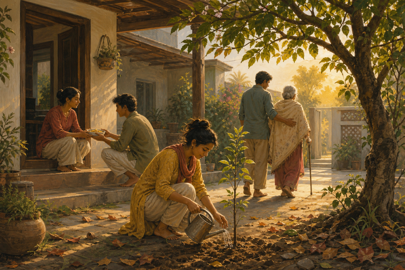 At dawn, people water a young tree, help an elderly relative walk, and offer a bowl of food in a multigenerational courtyard.