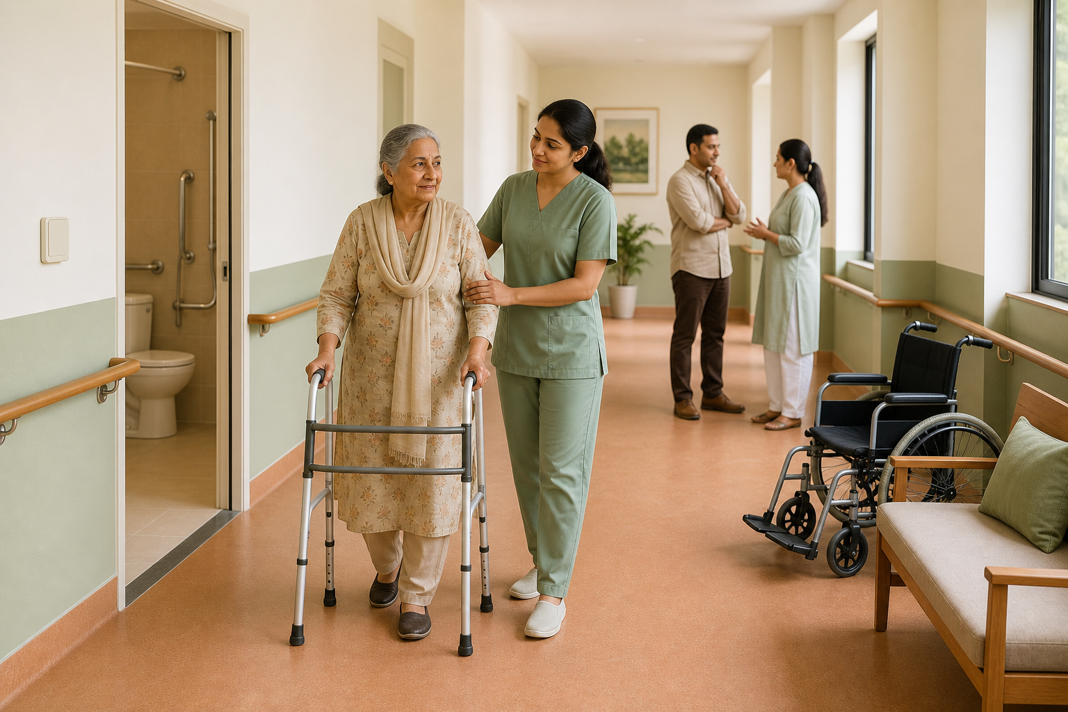 An elderly resident practices walking with a walker beside a caregiver in an accessible residence corridor.