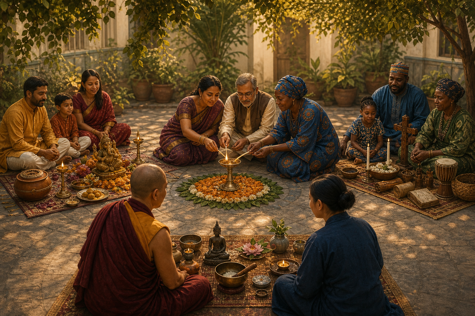 Members of three family groups light separate wicks from a shared oil lamp while their distinct devotional arrangements remain visible around a courtyard.