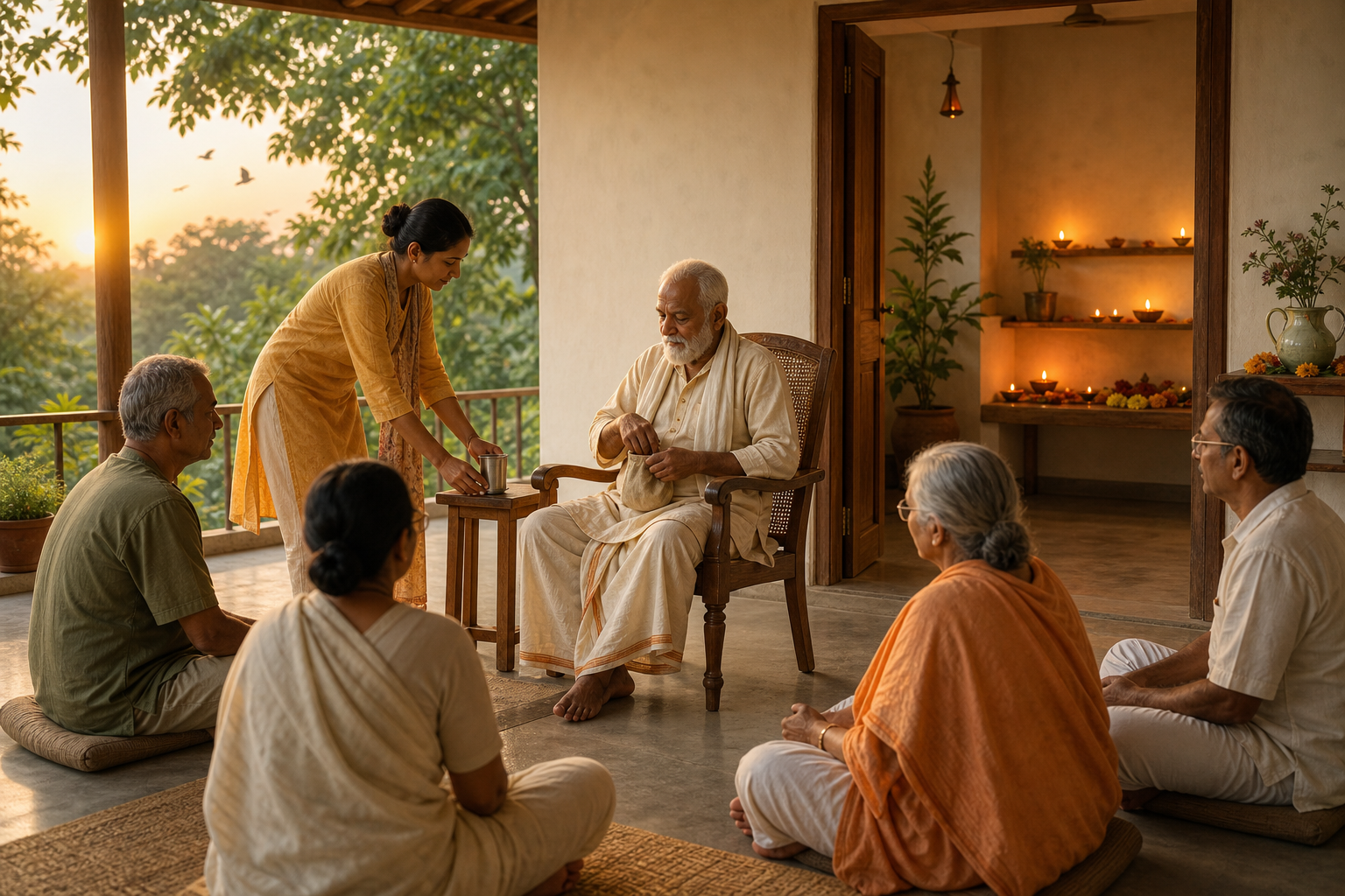 An elderly devotee chants from a supportive chair as other residents gather and a caregiver places water nearby.