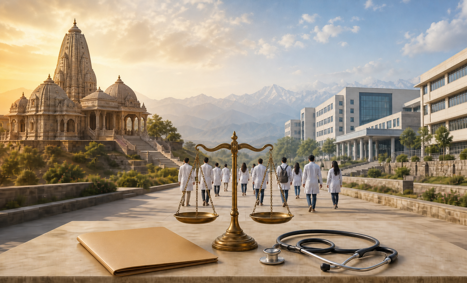 An editorial illustration of a hilltop temple and a medical college connected by a pathway, with medical students, balanced scales, an admissions folder and a stethoscope in the foreground.