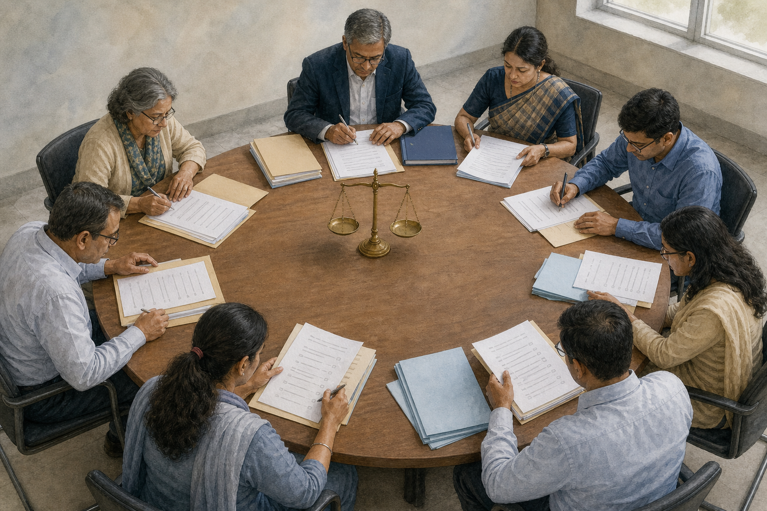 A diverse medical admissions committee reviews anonymized application folders around a circular table with a balanced brass scale at its center.