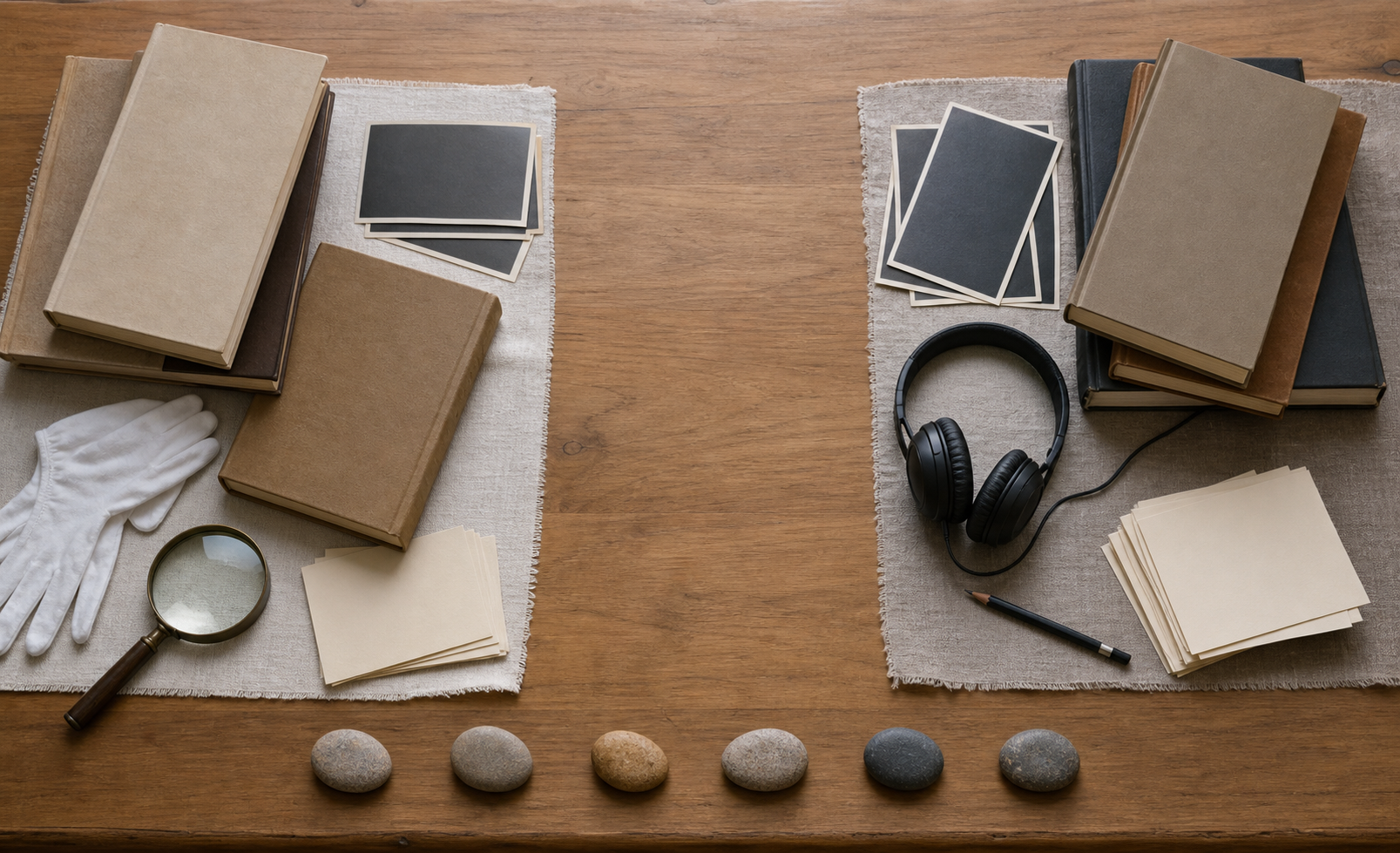 Research books, note cards, headphones, a magnifying glass, and six stones are arranged in two separate study areas on a wooden table.