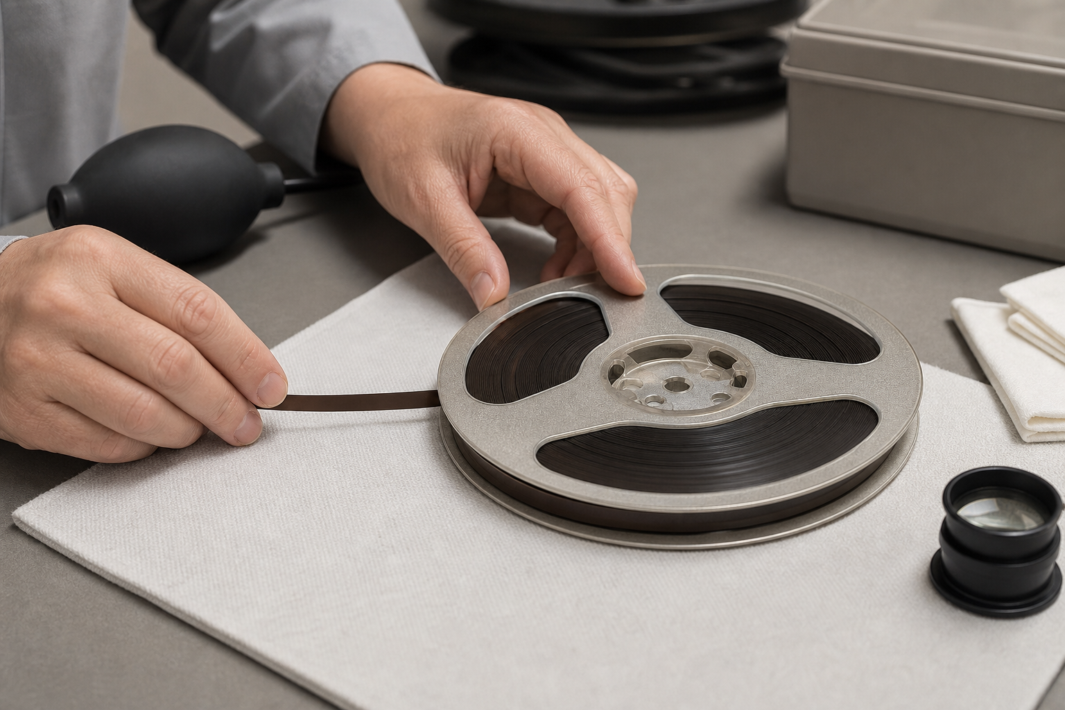 Gloved hands guide an original reel of magnetic tape through playback equipment while a computer records a digital preservation copy.