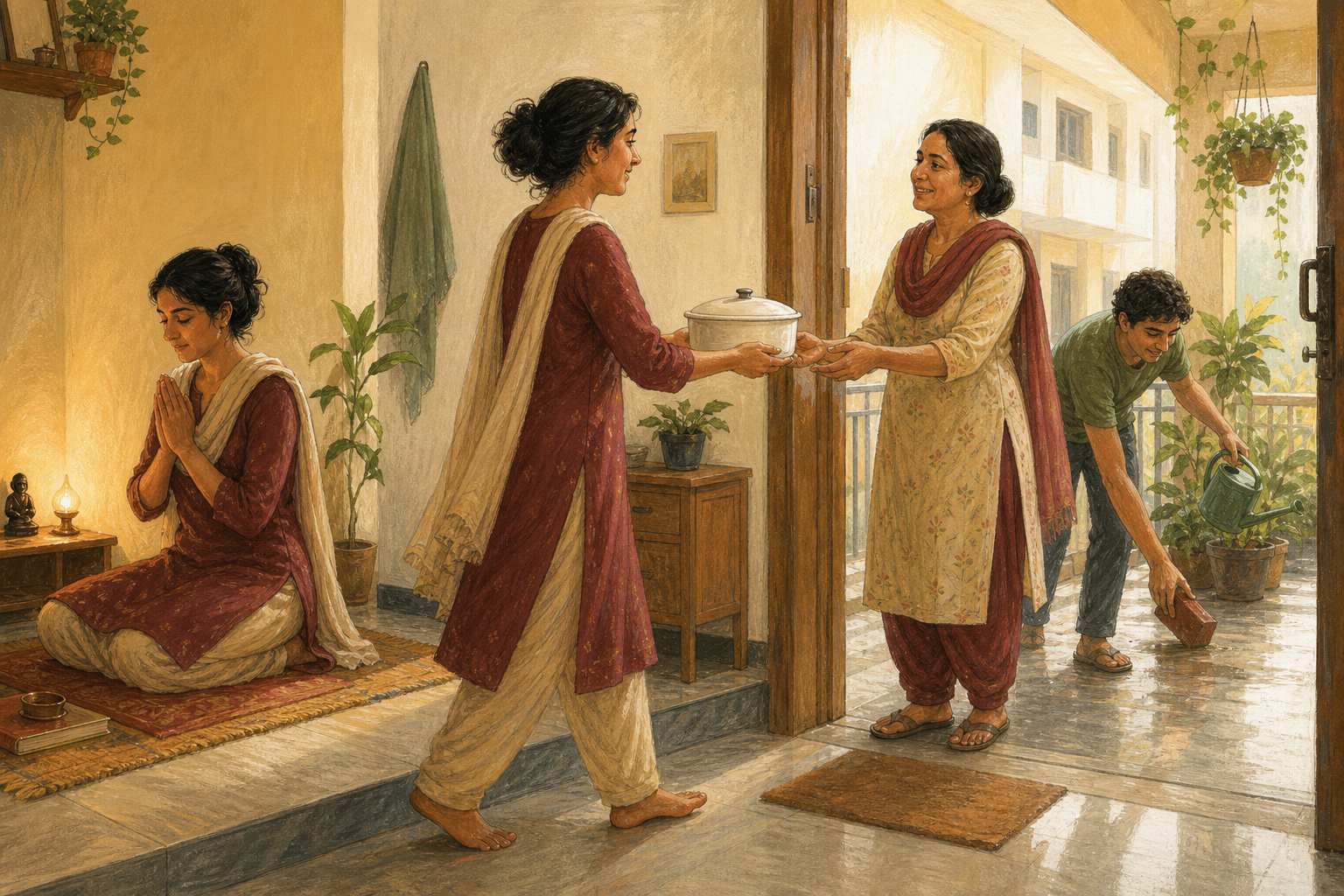 A devotee carries a covered bowl from a home prayer corner to a neighbor while another person tends the shared corridor.