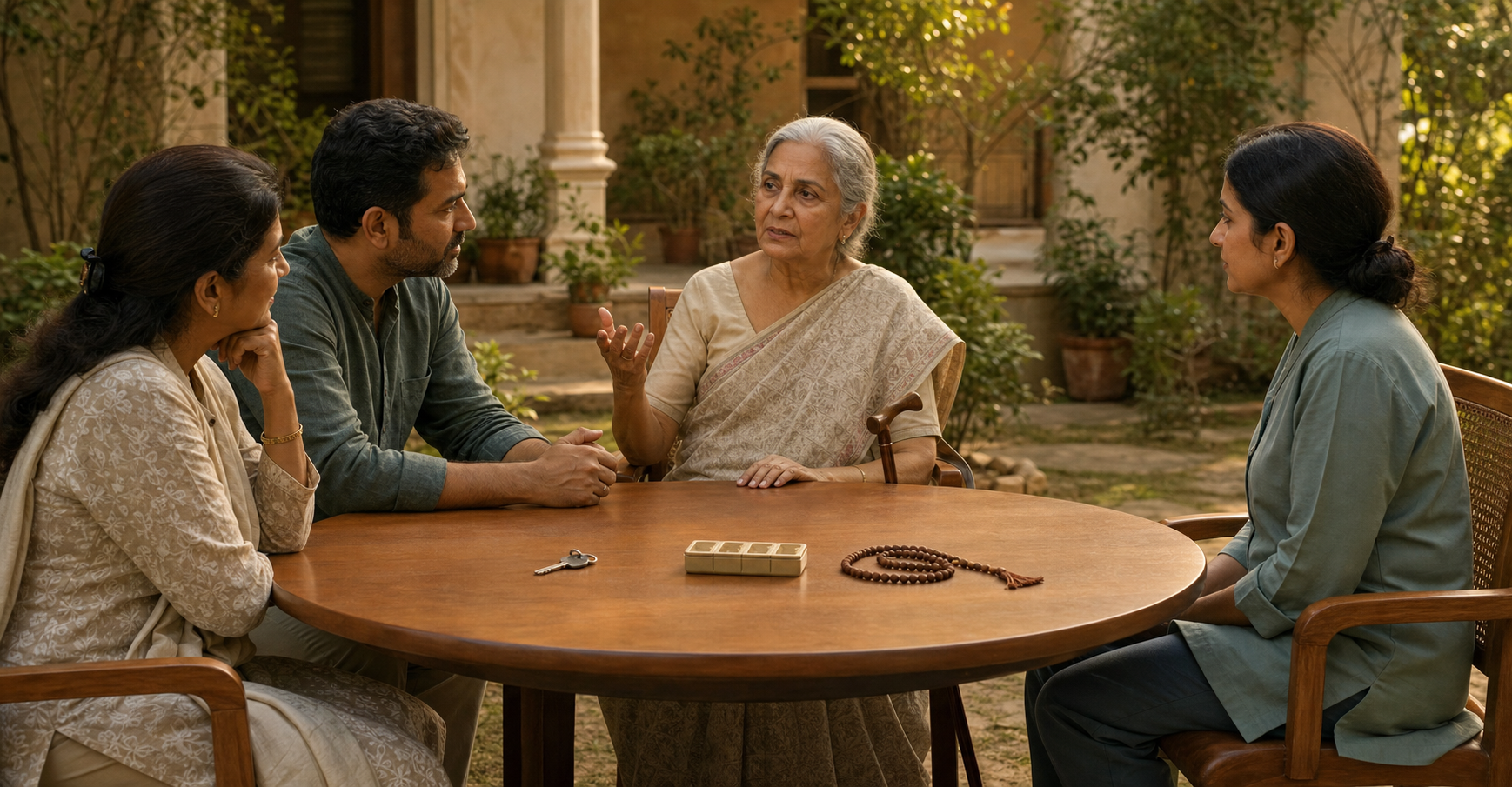An older woman speaks at the centre of a care-planning conversation while her relatives and a coordinator listen.