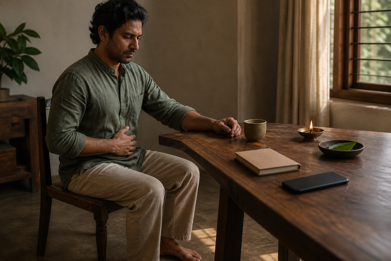 A seated person grounds their feet and follows their breath before responding to a phone on the table.