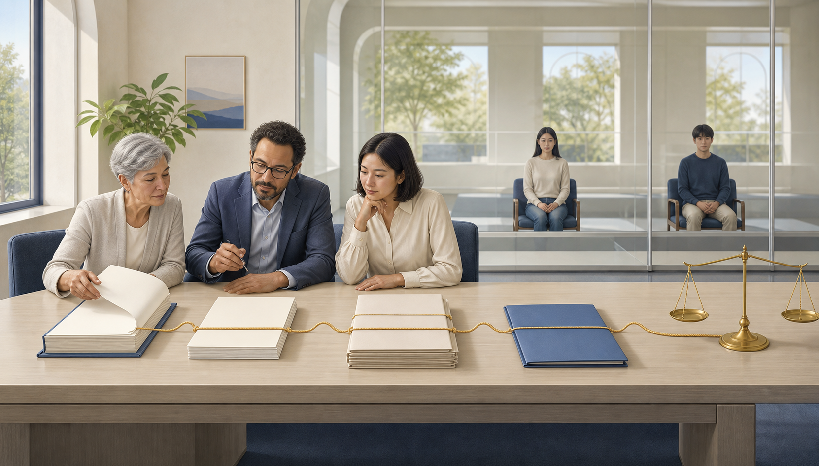Three reviewers examine organized legal, admissions, candidate and audit files beside balanced scales while two students wait across a glass partition.