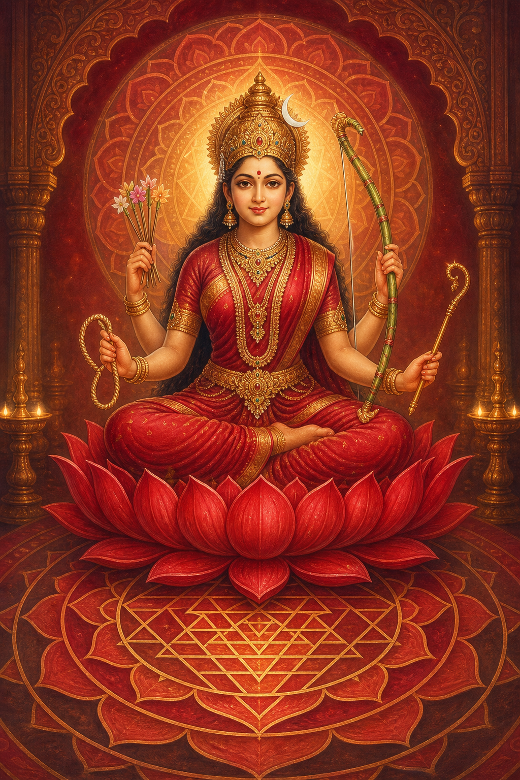 Kamakaleshwari is depicted seated on a red lotus with four symbolic implements, surrounded by luminous lotus petals and interlocking sacred geometry.