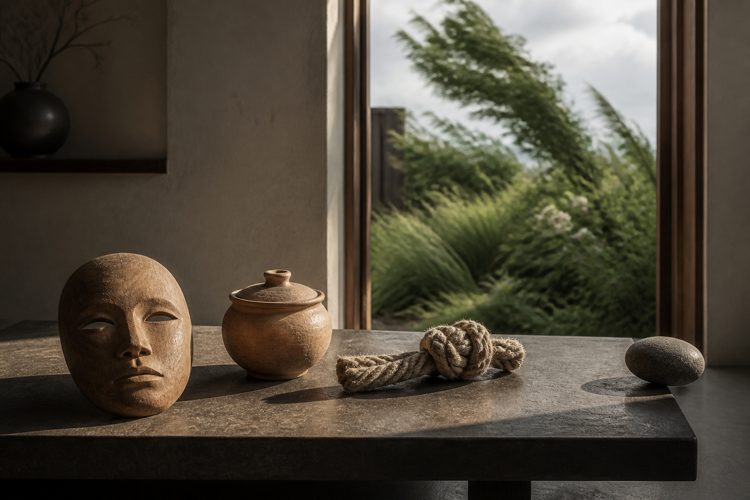 A neutral wooden mask, a sealed clay vessel, a knotted rope, and a precariously balanced stone sit before a windblown garden.