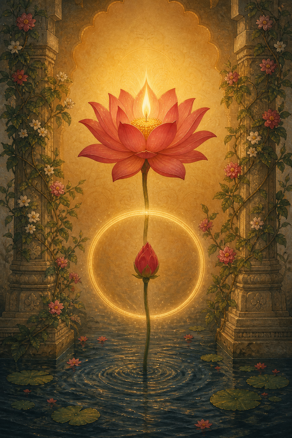 A closed lotus rises from dark rippling water and opens within a balanced ring of golden light between two temple pillars.
