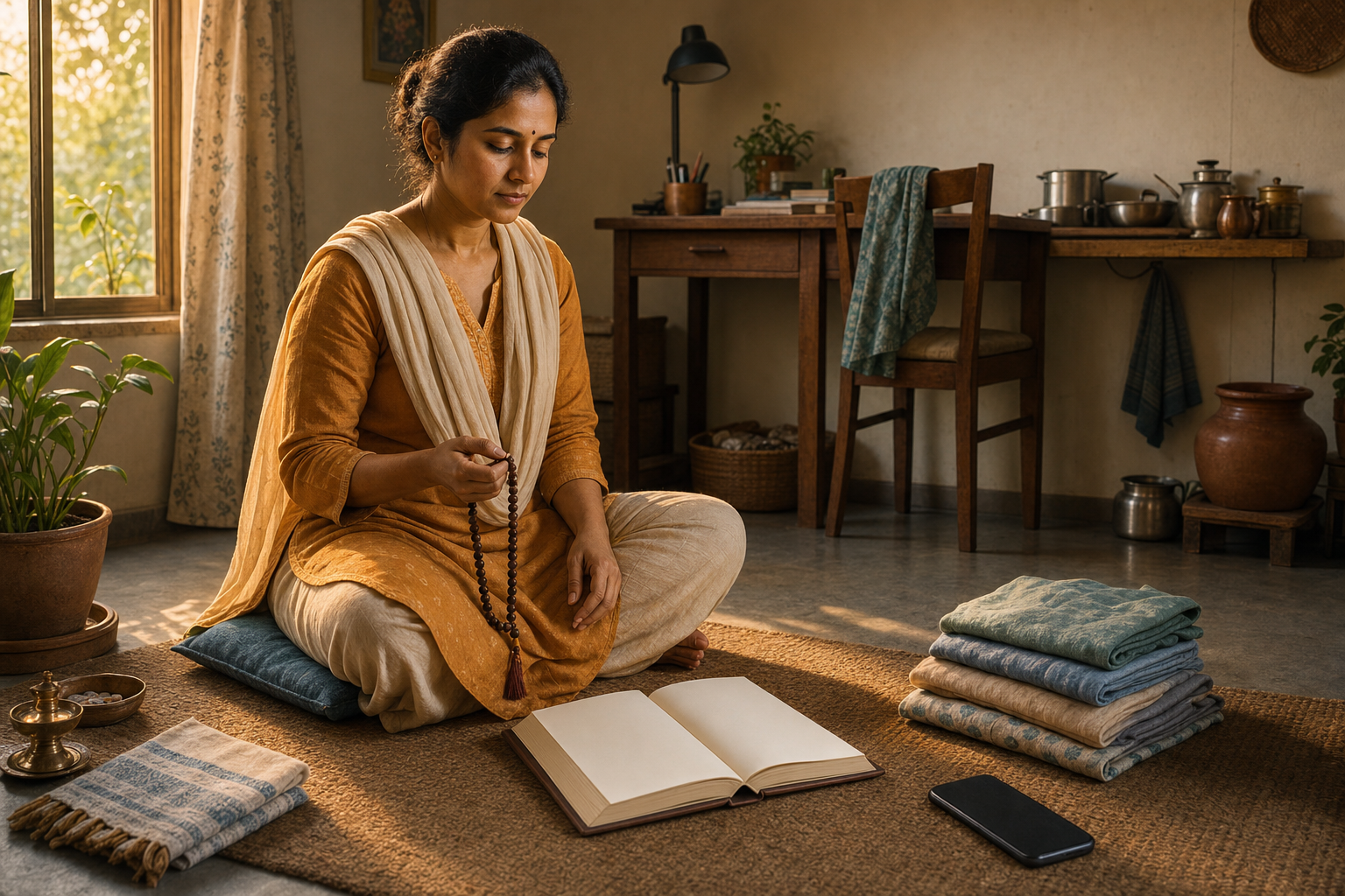 A devotee holds prayer beads beside an open book at dawn, with a desk, household vessels, laundry, and a face-down phone in the background.