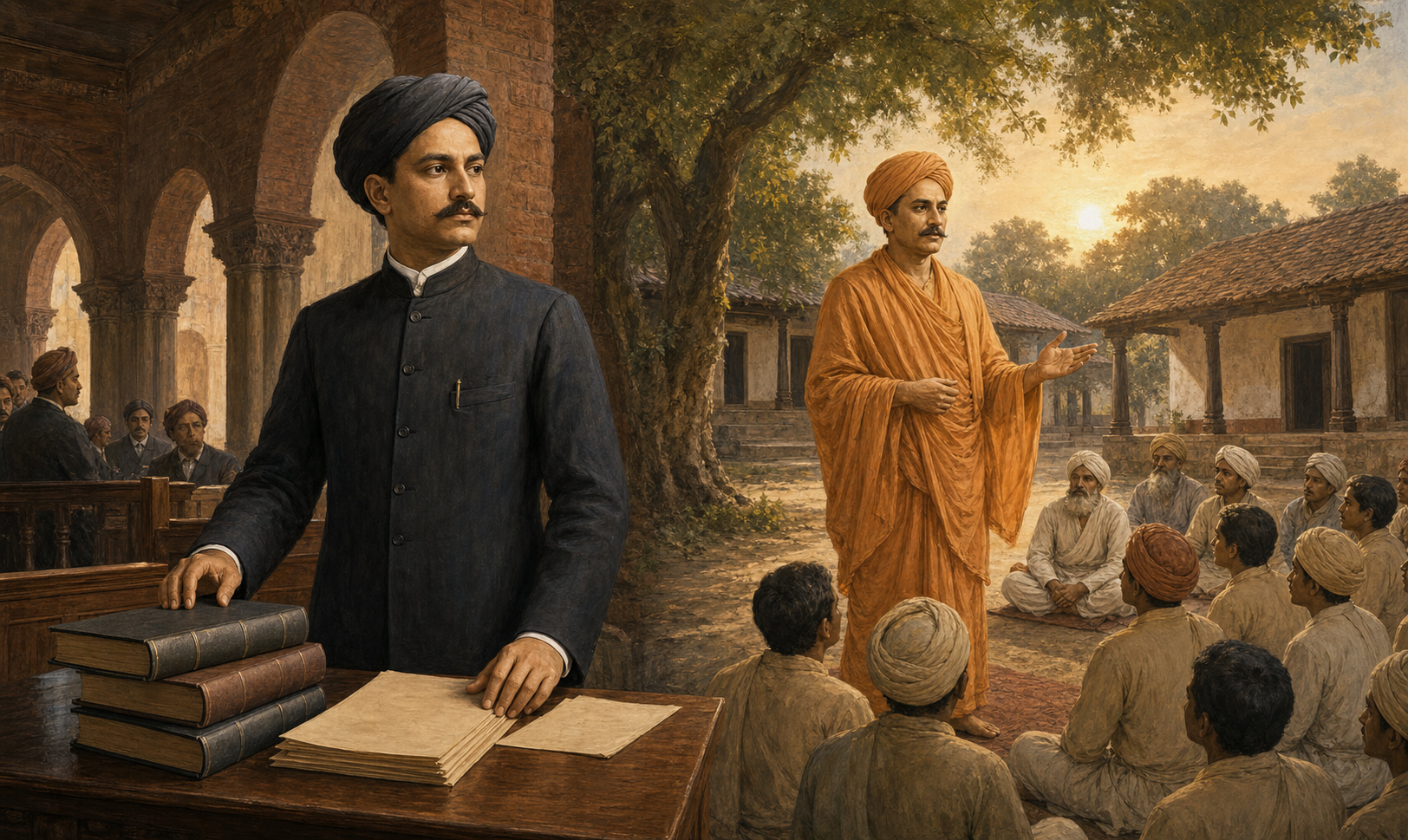 A historical illustration shows Munshi Ram beside a colonial-era courtroom table, with his later saffron-robed identity as Swami Shraddhananda teaching in a gurukul courtyard behind him.