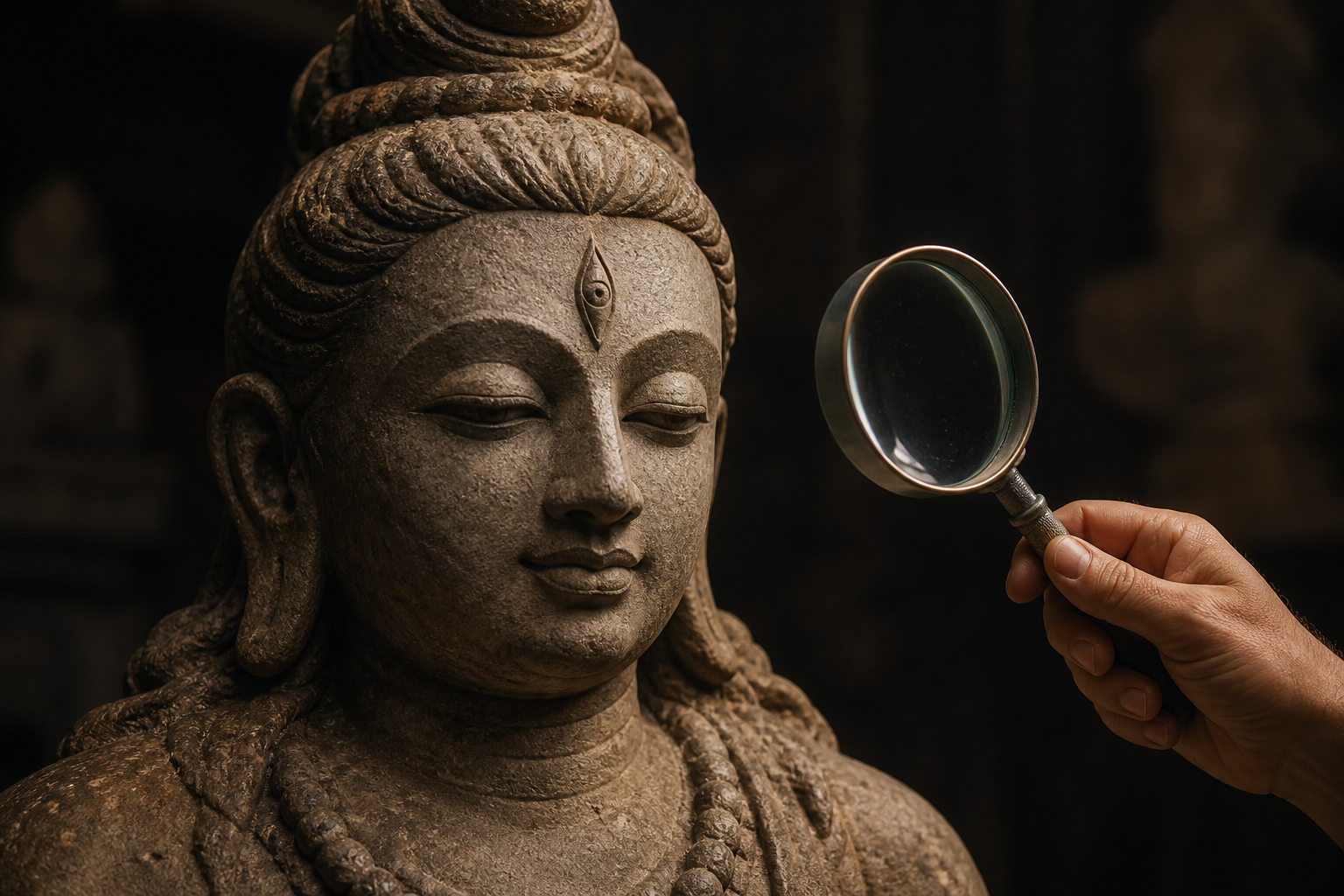 A close view of a Shiva sculpture with a vertical third eye as a conservator examines the carving under warm light.