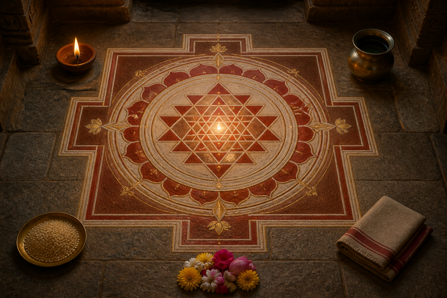 A Sri Chakra-inspired geometric floor design glows at the center of a shrine, surrounded by lotus petals, lamps, flowers, grains, and household offerings.