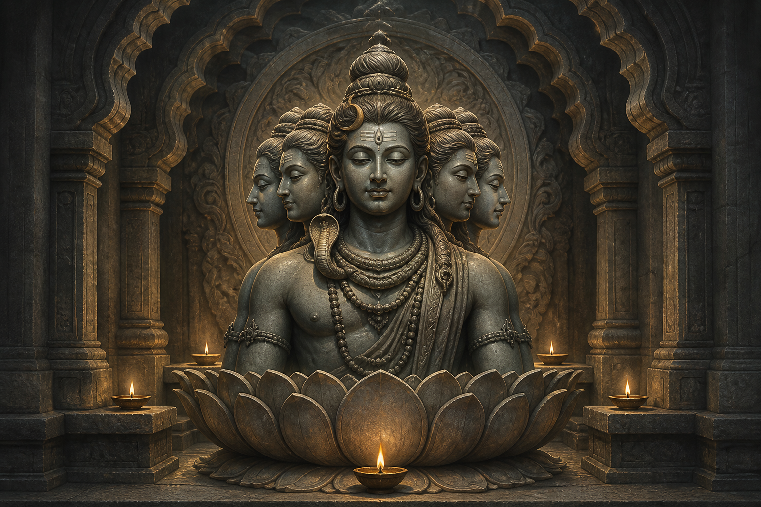 A symmetrical five-faced Shiva sculpture stands on a lotus pedestal in a stone shrine illuminated by oil lamps.