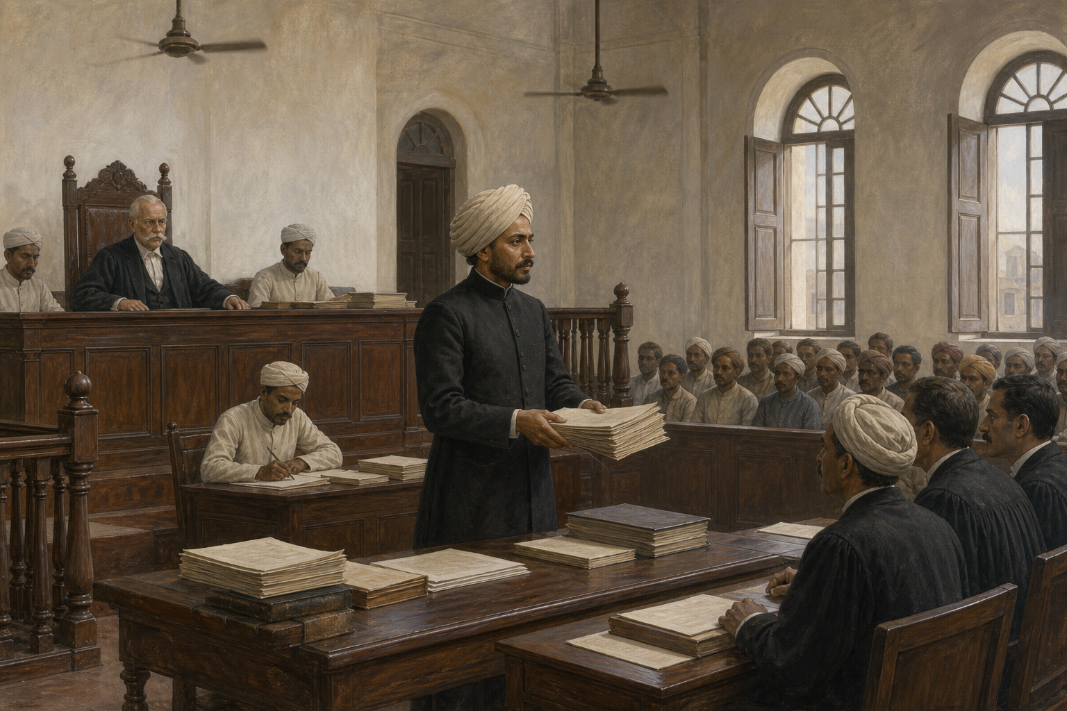 Munshi Ram presents organized case papers before a judge in a colonial-era Indian courtroom as clerks, opposing counsel and spectators look on.