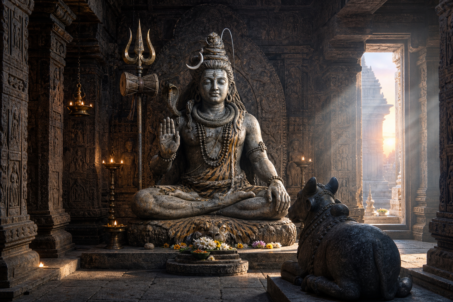 A complete Shiva murti with a third eye, crescent moon, trident, drum, blessing gesture, and Nandi is shown inside a lamp-lit stone shrine.