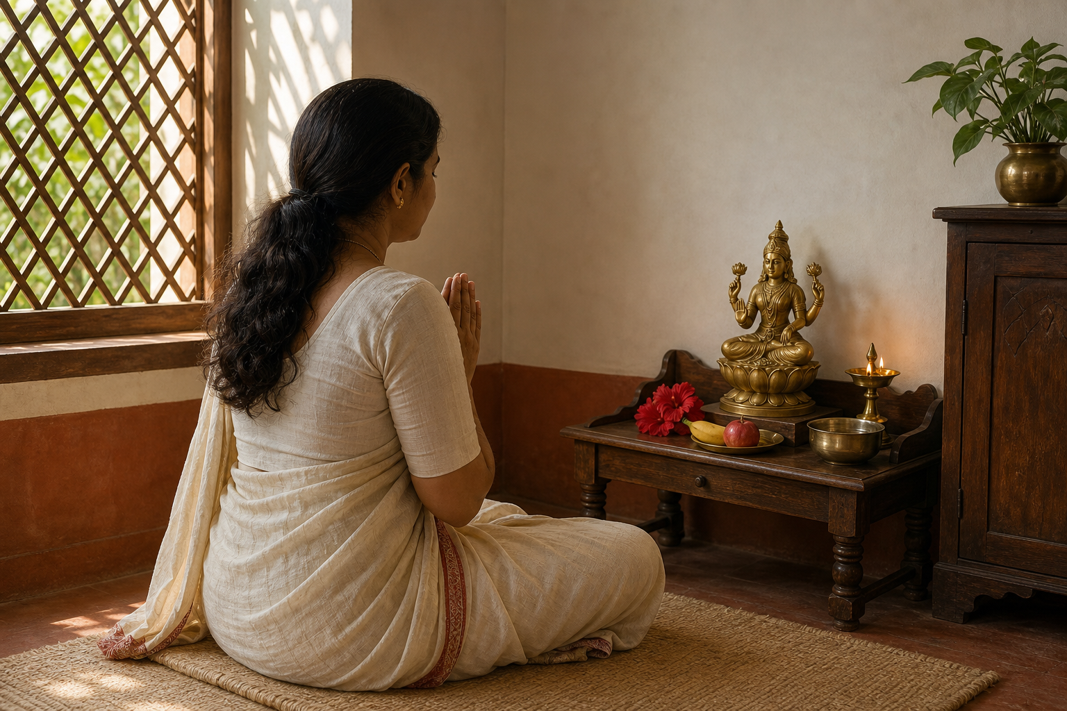 A devotee offers joined hands before a simple home altar holding a brass goddess image, an oil lamp, flowers, fruit, and water.