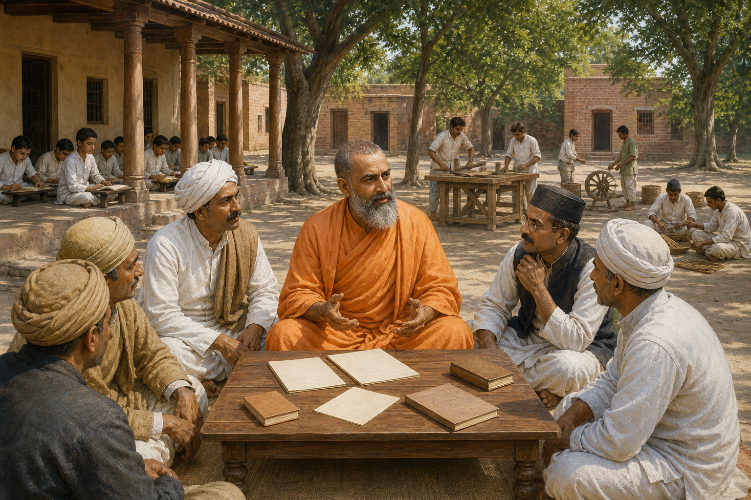 Swami Shraddhananda and community members discuss plans at a low table while teachers and students work in a gurukul courtyard.