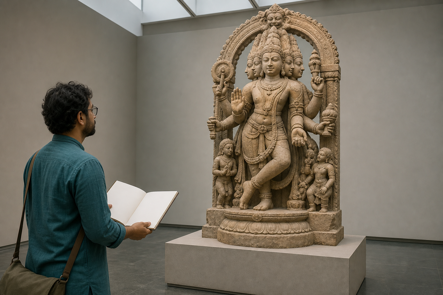 A museum visitor with a blank sketchbook carefully observes the anatomy, gestures, attributes, and attendants of a Hindu deity sculpture.