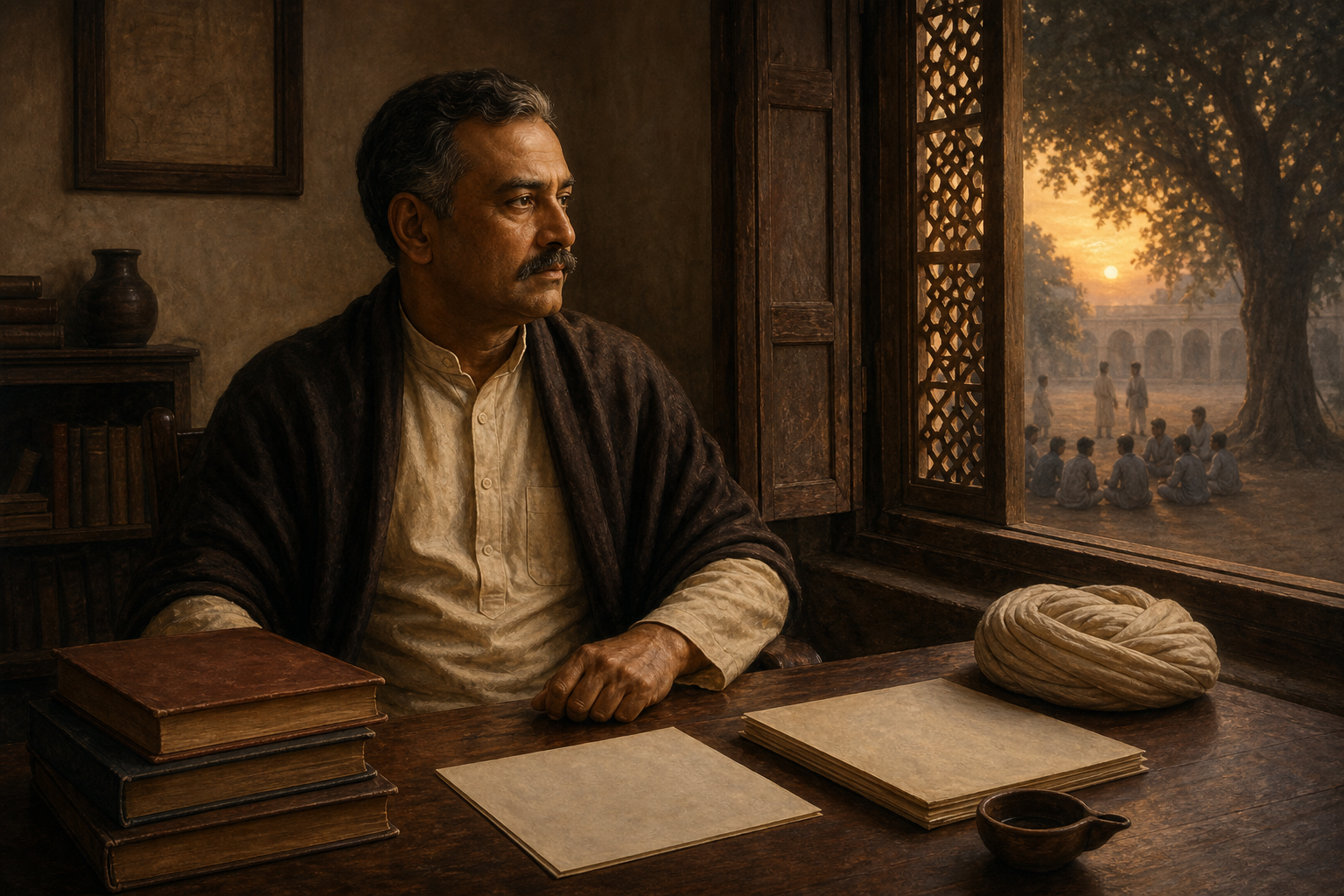 Munshi Ram sits thoughtfully at a desk with closed law books and blank papers as dawn light enters a quiet room.