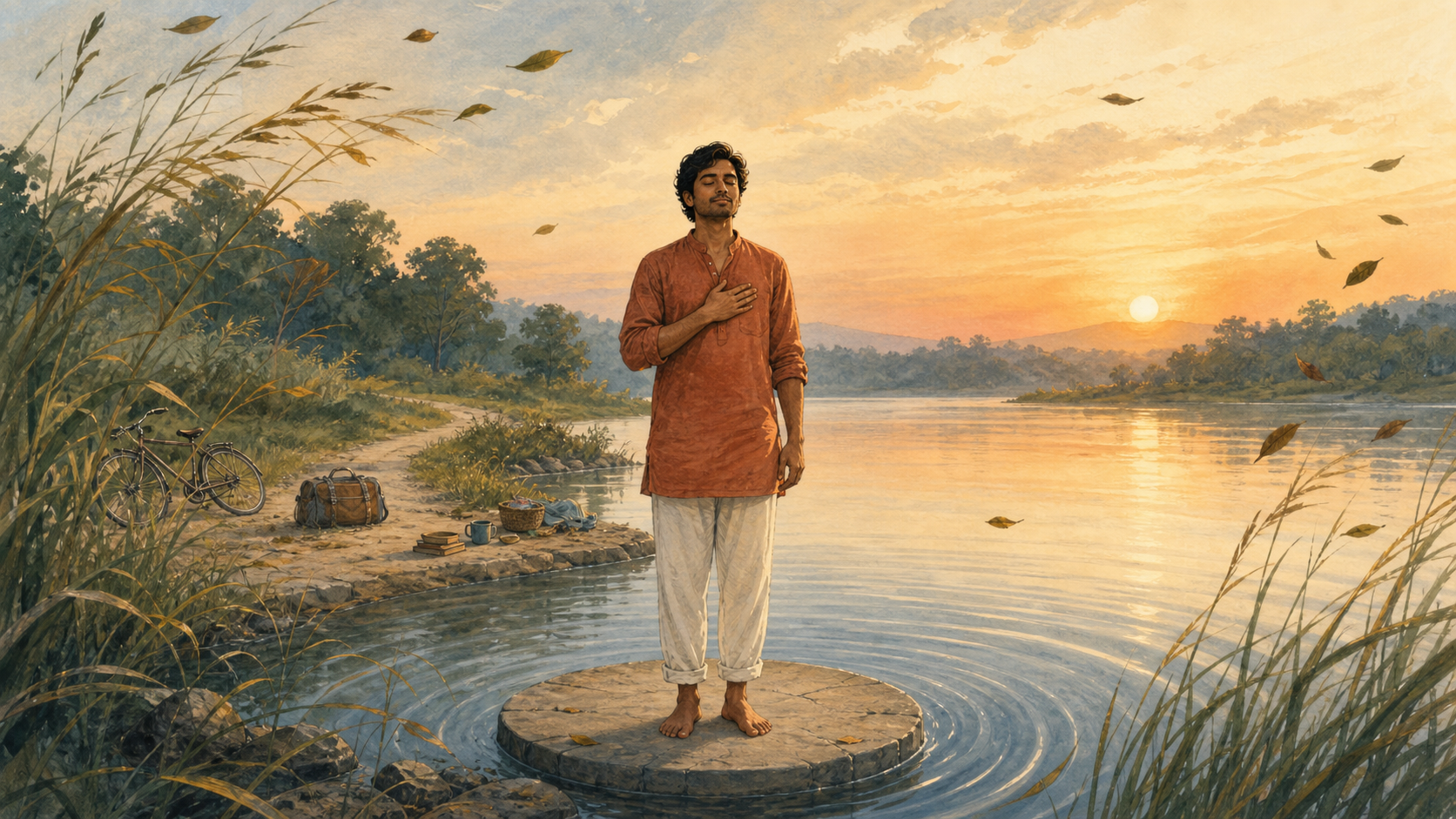 A barefoot person stands calmly on a circular stone platform beside a river at dawn as wind moves the surrounding grasses and ripples spread across the water.