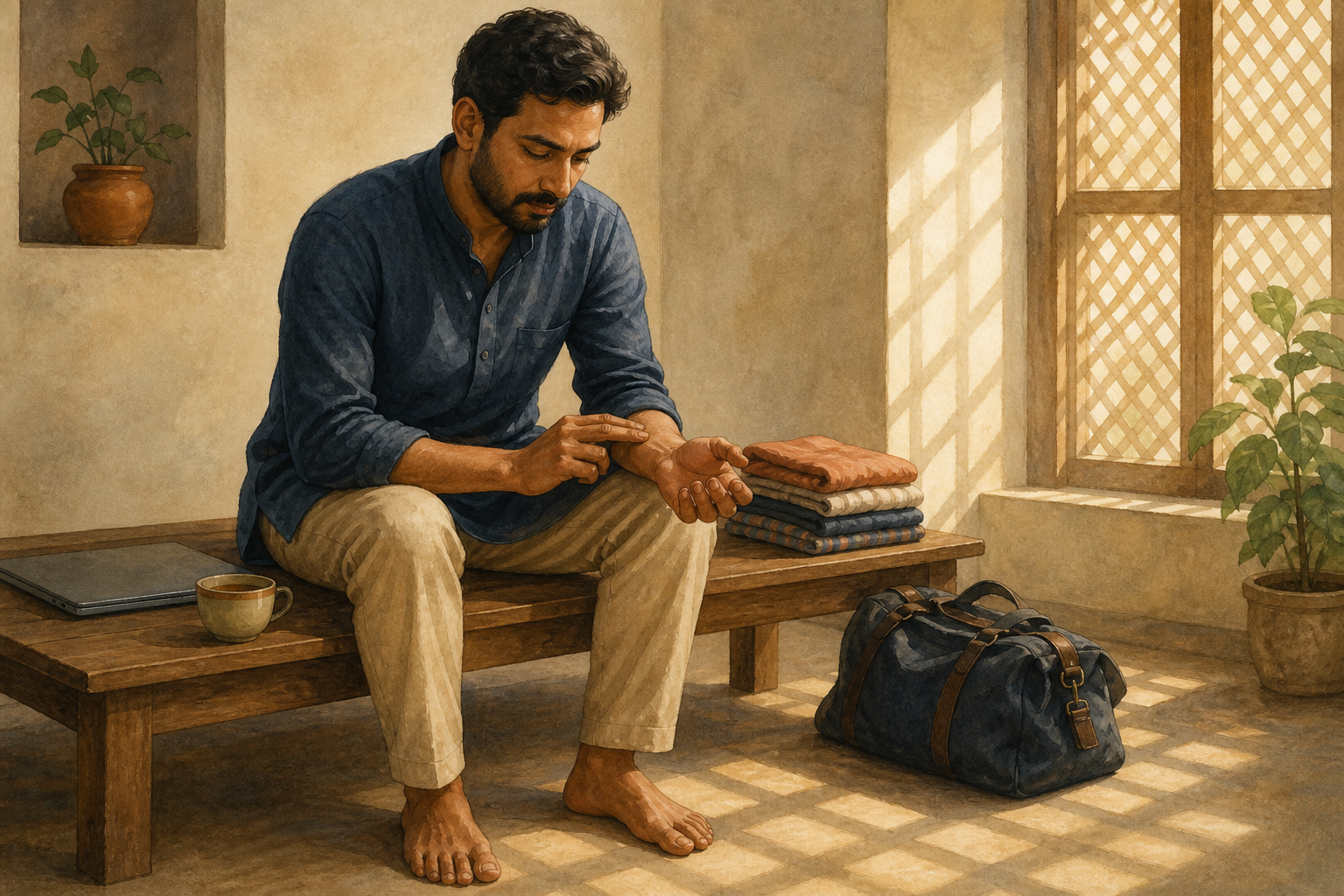 A person seated on a wooden bench pauses to feel their pulse while a laptop, tea, travel bag, and folded laundry sit nearby in patterned morning light.