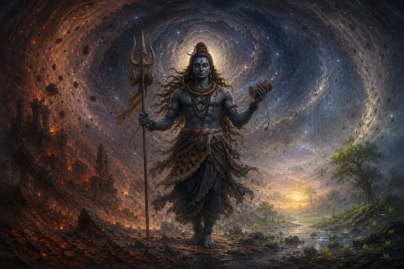 Kala Rudra stands at the center of a cosmic storm between ember-lit ruins and rain-washed earth with new green shoots.