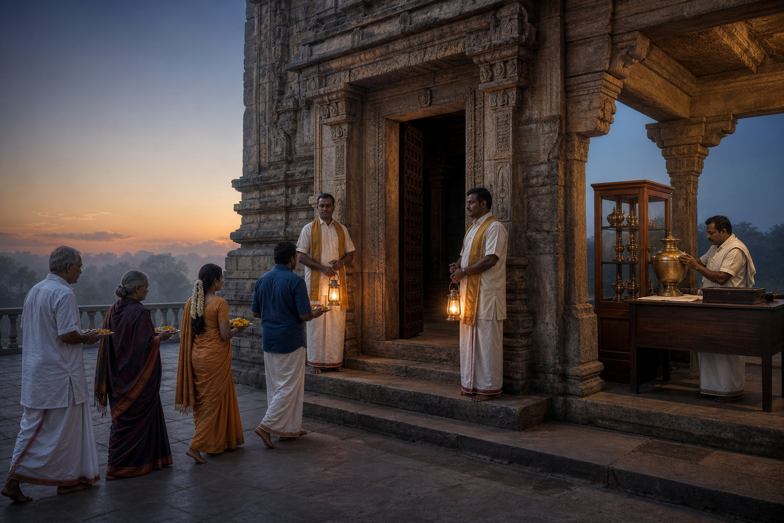 Devotees enter a stone temple while stewards oversee the threshold and a custodian examines a ceremonial vessel in a side arcade.