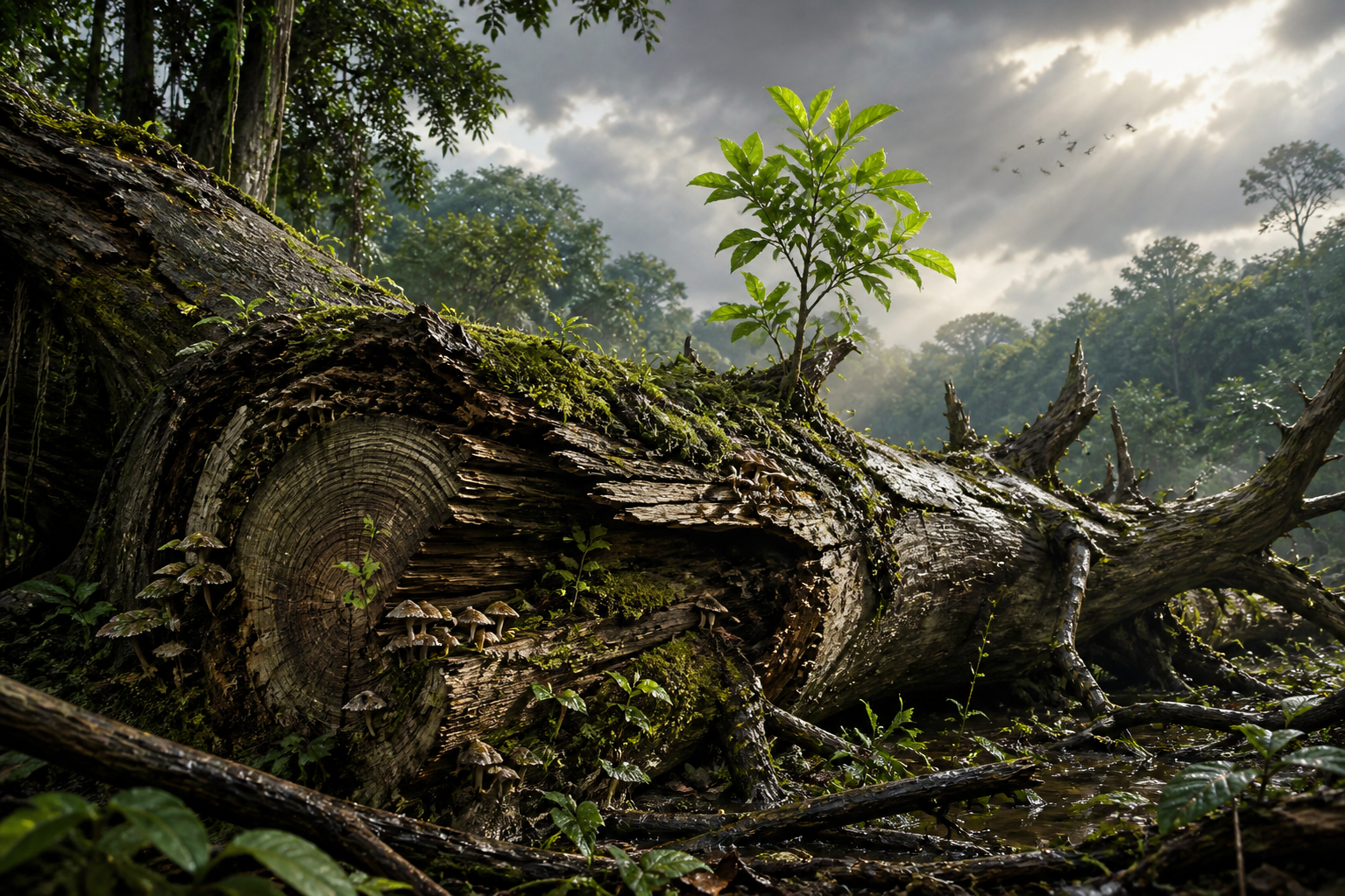 A sapling, moss, and mushrooms grow from the fallen trunk of an old banyan tree after a storm.