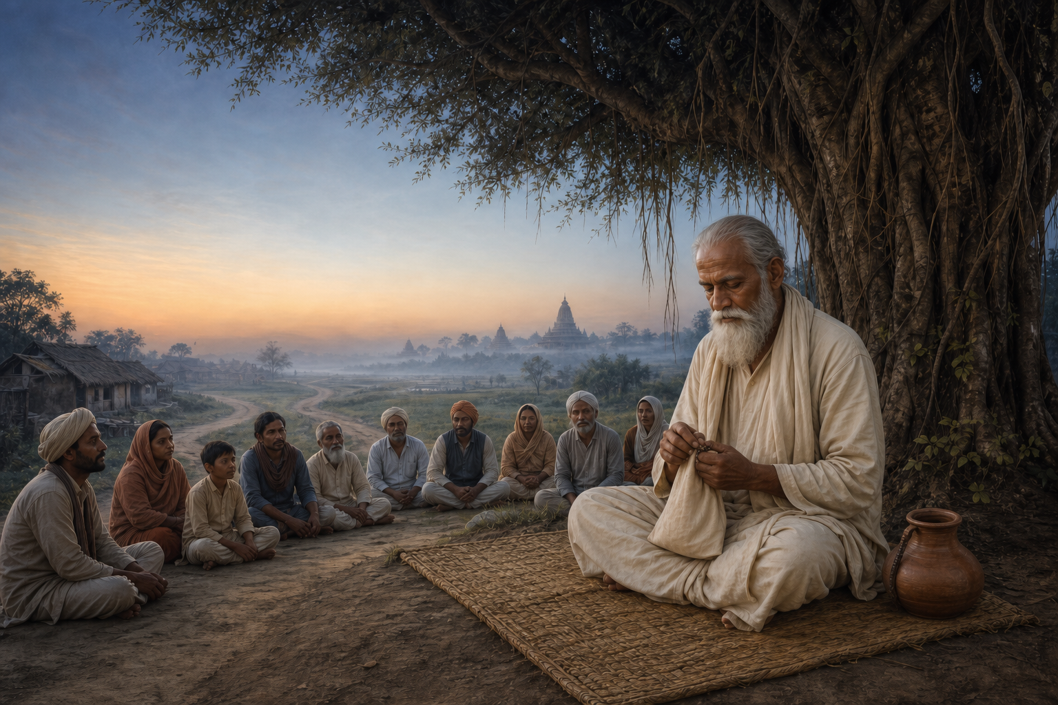 A sadhu with wooden prayer beads meditates beneath a banyan tree at dawn while villagers from varied backgrounds sit together nearby.