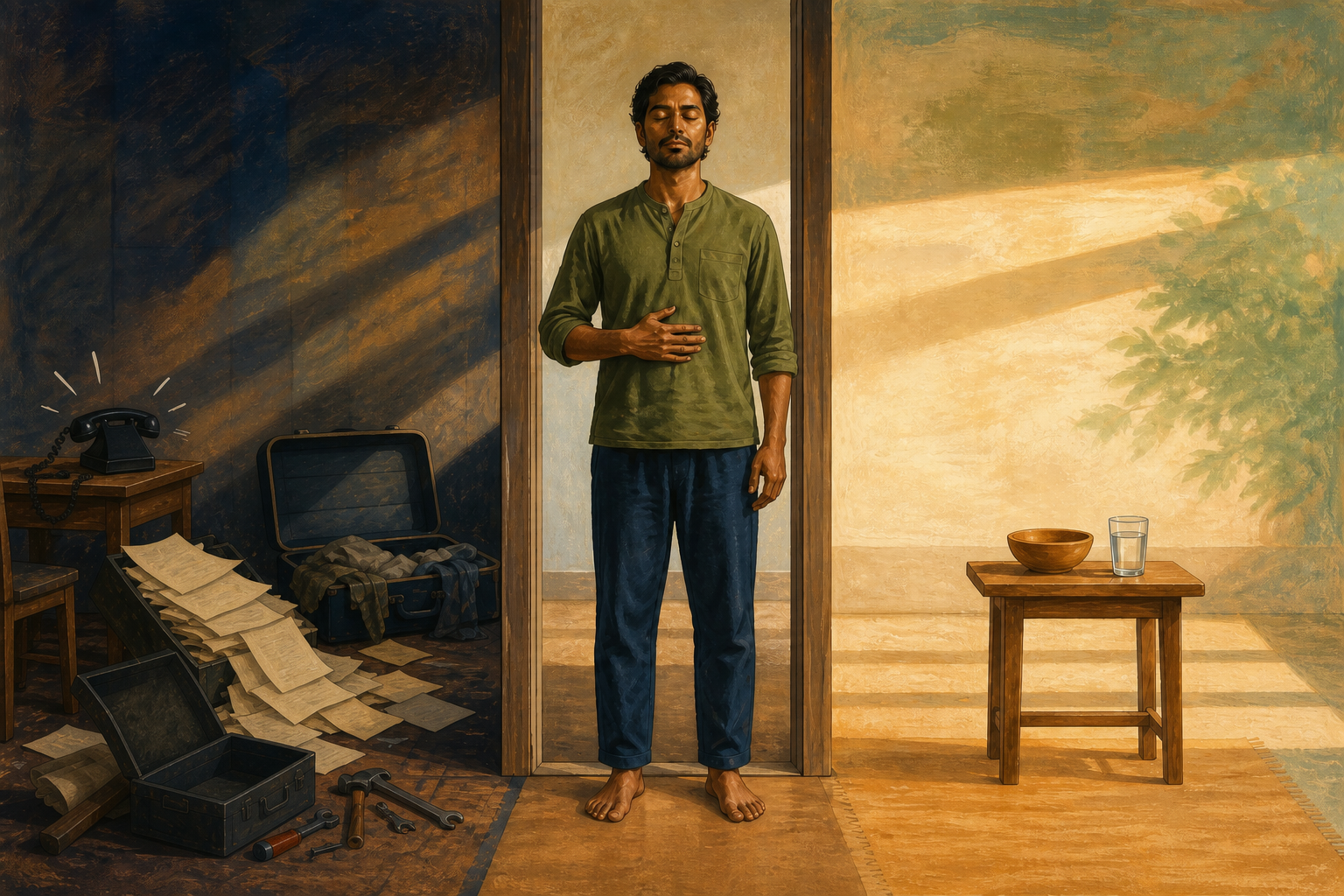 A person pauses to breathe in a doorway between a cluttered dim room and a brighter room containing a table, bowl, and glass of water.
