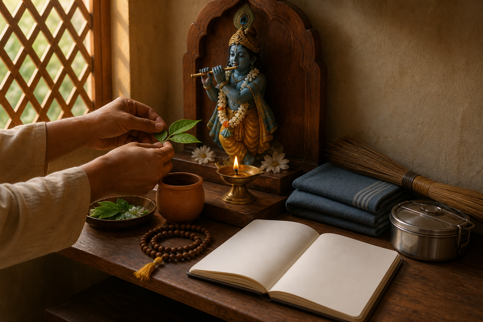 A devotee's hands arrange a small morning offering beside prayer beads and everyday work items on a wooden shelf.